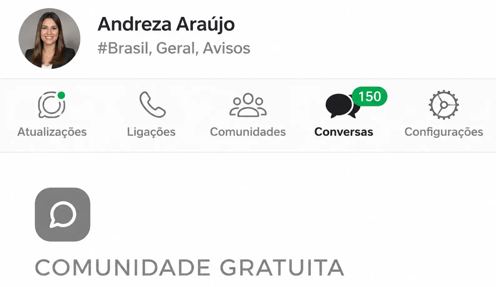 Tela da comunidade gratuita de Andreza Araújo no WhatsApp
