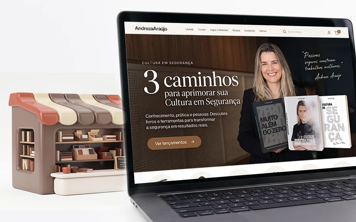 Vitrine da loja oficial com livros e manuais de segurança